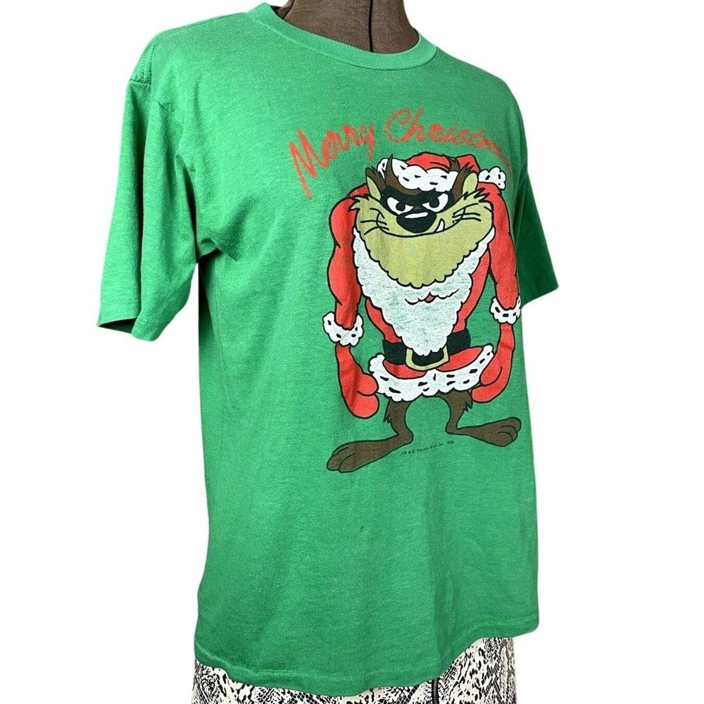 Vintage Christmas T-Shirt (M) 80s Single Stitch Looney Tunes Taz Devil Santa - Picture 2 of 10
